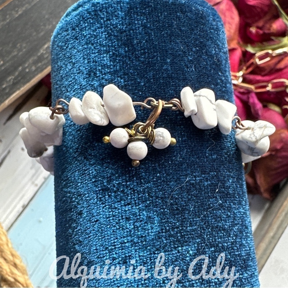 Howlite silver rosary link adjustable dainty bracelet leather tassel brass